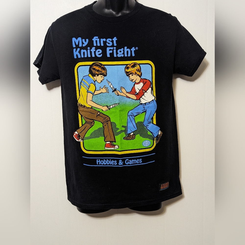 Men's My First Knife Fight Steven Rhodes Hobbies Games Black T-shirt Size Small